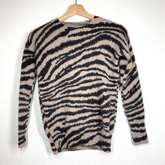 Magaschoni Animal Print 100% Cashmere Crewneck Sweater XS Tan Black Zebra - Picture 1 of 16